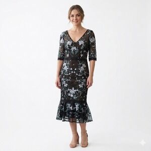 Marchesa Notte Embroidered Lace V-Neck Cocktail Dress Black Floral Metallic Sz 8